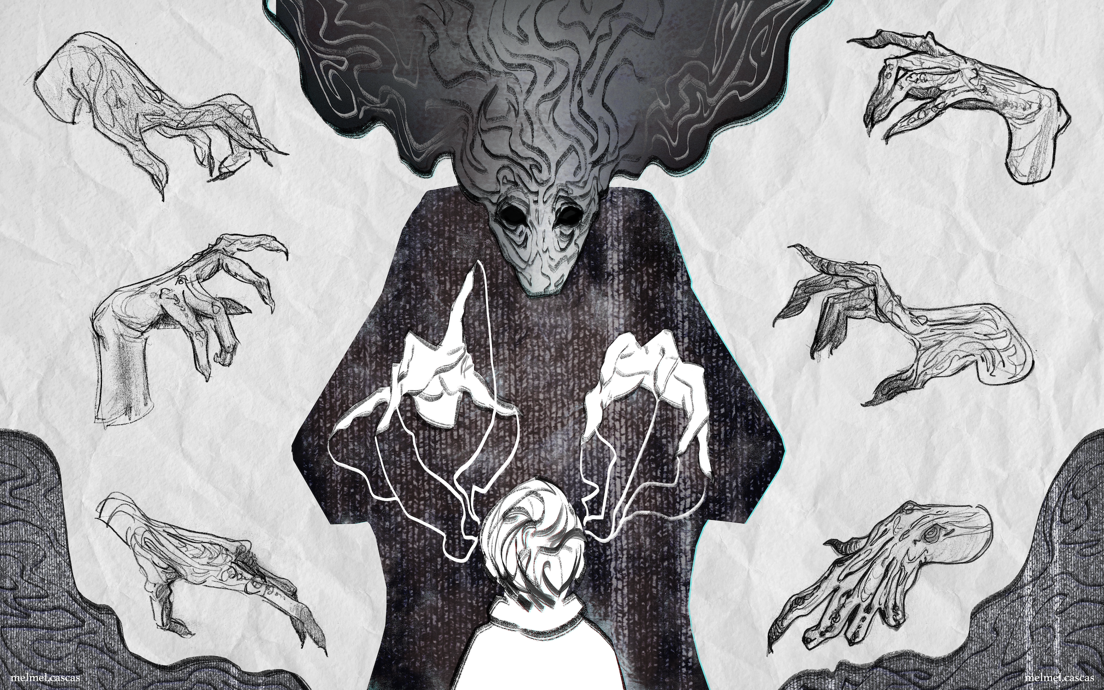 sleep paralysis monster with menacing hands over child